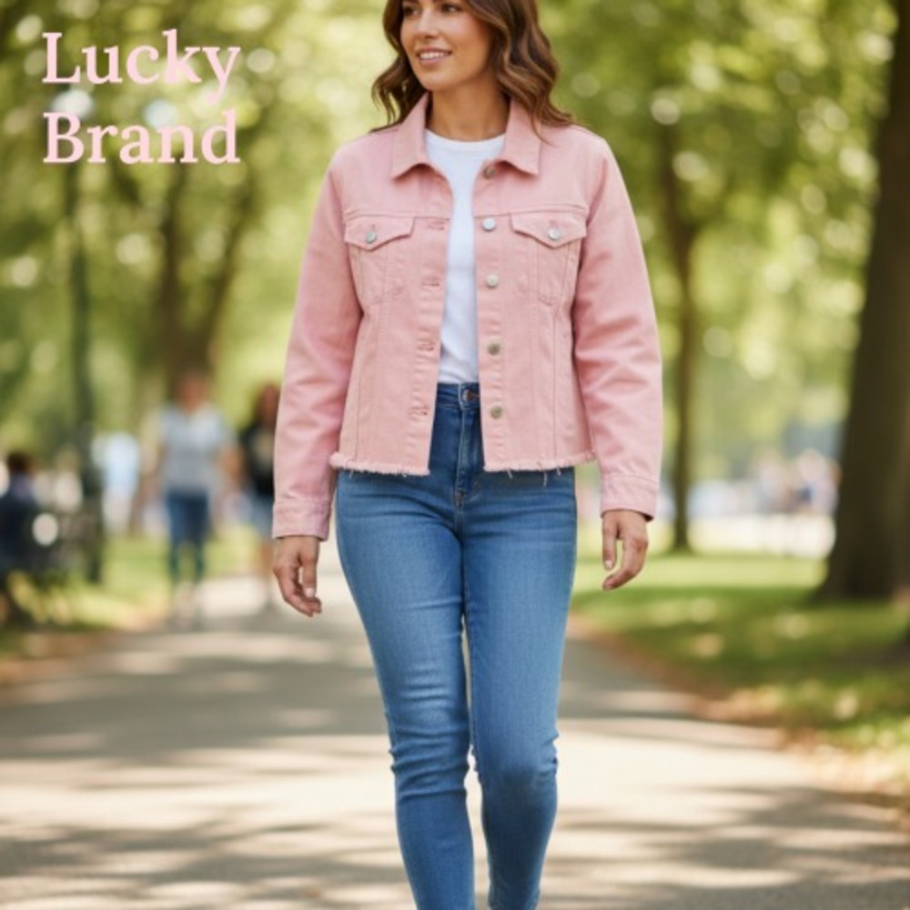Lucky Brand Women's Tomboy Trucker Denim Jacket Peach Raw Hem Size L